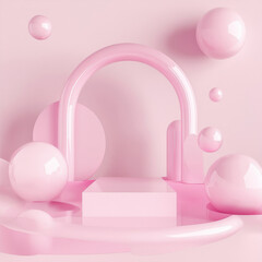 Pink abstract background with floating balls and arch
