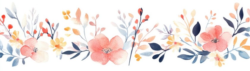Fototapeta premium A delicate floral border featuring soft pink, orange, and blue flowers intertwined with leafy branches, perfect for decorative purposes.