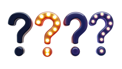 Colorful question marks with polka dots and mixed patterns, playful typography illustration in navy blue, orange, and purple on a white background