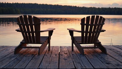 Lakeside Adirondack Chairs at Sunset