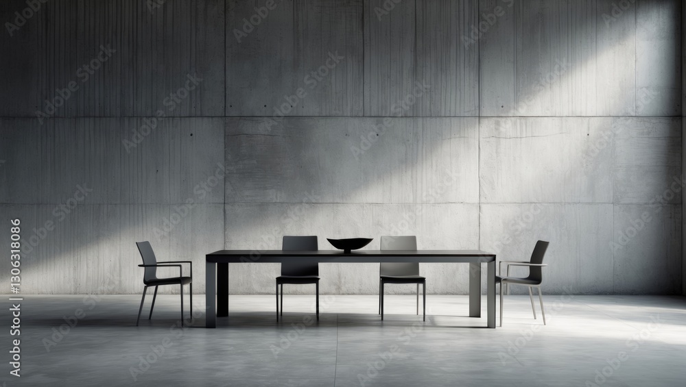 Poster a conceptual design of a dining area within a modern setting featuring a concrete wall backdrop.