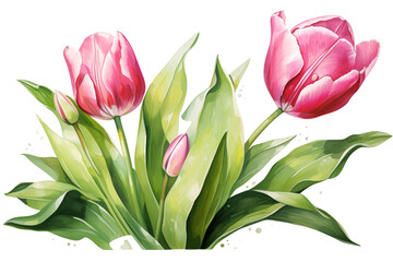 Fototapeta premium Watercolor pink tulip flower illustration with a single bloom and vibrant green leaves