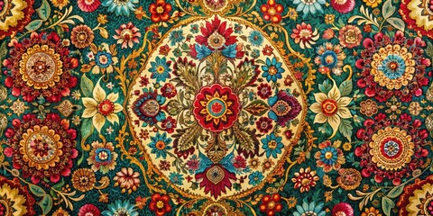 Ornate Tapestry Floral Textile Background, Intricate Geometric Patterns, Vibrant Fabric Design, Rich Textures,  Bohemian Style