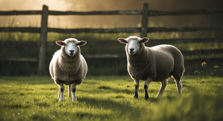 Fototapeta premium two sheep grazing in a field next to a fence