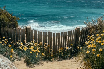 A wooden fence on the beach with waves and sand, a beautiful blue sea.