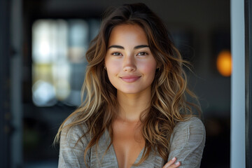 Fototapeta premium Portrait of a beautiful young woman smiling and looking at camera. Woman portrait