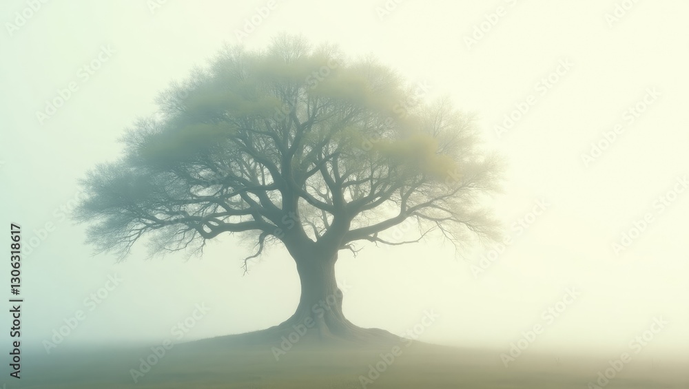 Poster a single tree emerges against a pale backdrop. isolated cluster of trees on a light background.