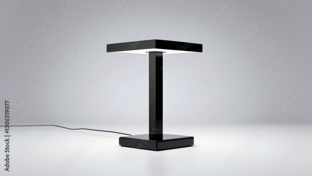 Poster sleek modern black desk lamp with square head and base on white surface minimalist design style and 