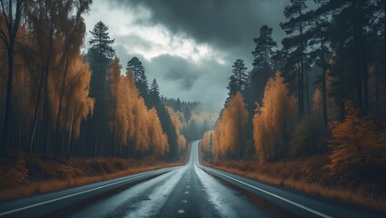 Fototapeta premium Highway winding through an autumnal forest, featuring larch and pine trees, during the day.