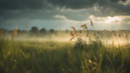 Fototapeta premium illuminated meadow and lush vegetation.