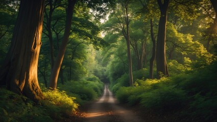 Obraz premium pathway among the trees in a lush forest, vibrant greenery