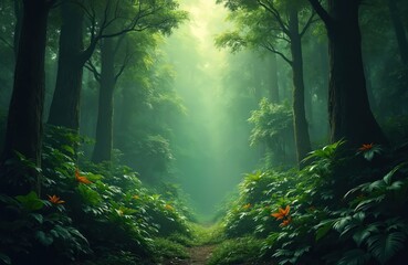 Fototapeta premium Rich green primeval jungle landscape. Forest path winds through trees, plants. Morning mist creates ethereal atmosphere. Tropical nature scene with sunlight filtering light. Adventure background with