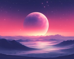 Moonrise over mountain valley night sky