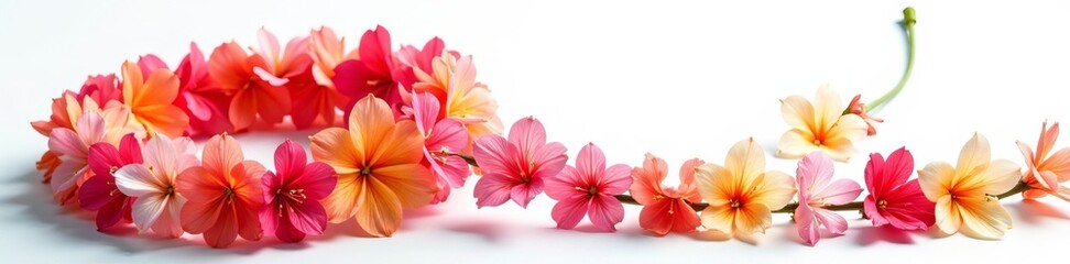 Fototapeta premium Fresh flower lei in bright colors against white backdrop, festive, Flowers, decoration
