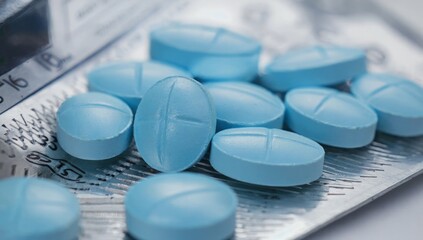 Light-blue pills on foil packaging