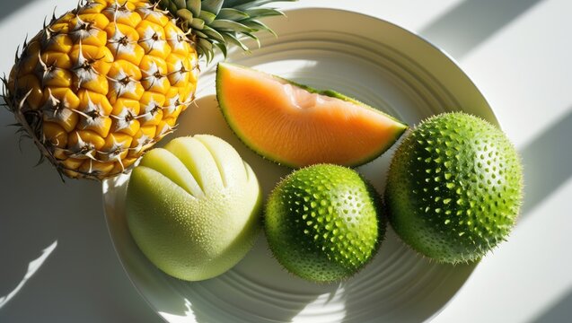 assorted fruits including pineapple, pomelo, and jackfruit arranged on a pale dish