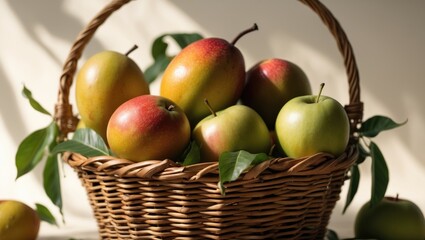 A basket filled with mangoes and a variety of apples.