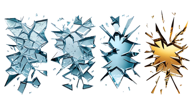 Abstract geometric shapes with a shattered glass effect, dynamic blue shards and golden starburst creating a high-contrast modern illustration, isolated PNG