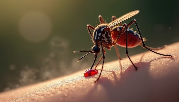 Close up mosquito drinks blood from human skin. Malaria parasite transmitted by insect bite. Macro photo of mosquito sucks blood concept for science, medical articles.