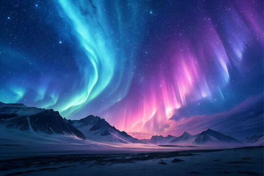 A mesmerizing abstract background with a dynamic interplay of light and shadow. Ethereal, dreamlike quality, with vibrant blues, purples, and pinks. High contrast, fluidity, and depth.