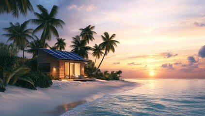 Obraz premium Tropical beach cabin with solar panels at sunset. Tranquil eco-friendly home on a secluded island.