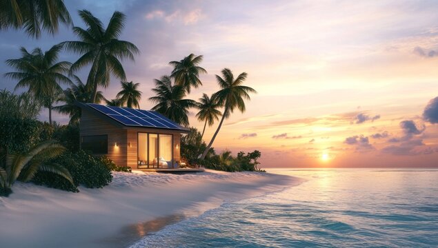 Tropical beach cabin with solar panels at sunset.  Tranquil eco-friendly home on a secluded island.