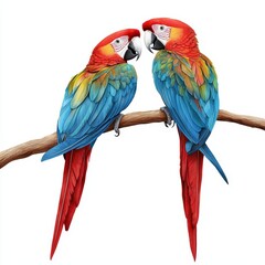 Fototapeta premium A vibrant illustration of two colorful macaws perched closely on a branch, showcasing their bright feathers and playful demeanor.