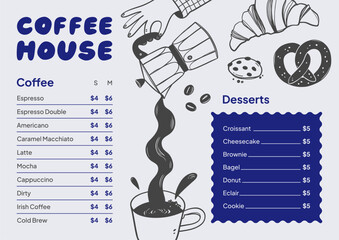 Coffee restaurant menu. Design template with hand drawn food and drink illustrations.