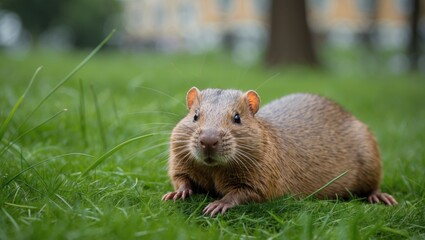 feral coypu resting on the grass in an urban park. Also known as nutria, spotted in Nymburk, Czechia.