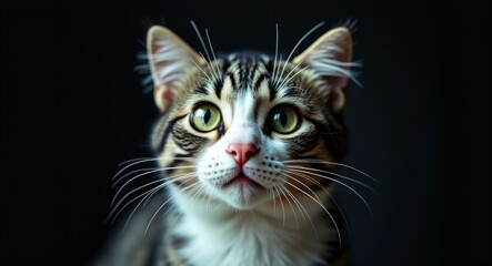 image of a domestic shorthair cat against a dark backdrop