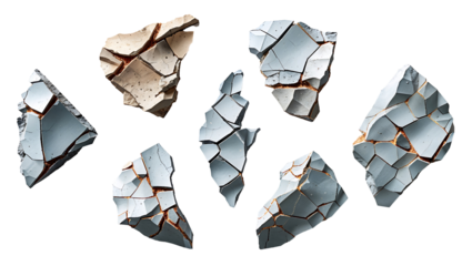Prehistoric stone tools and flint arrowheads with sharp edges, Neolithic artifacts in grey and brown tones, isolated on a white background