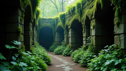 stone corridor adorned with foliage
