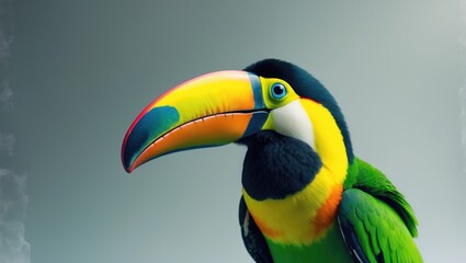 Obraz premium vibrant toucan with a prominent beak set against a gray-blue backdrop
