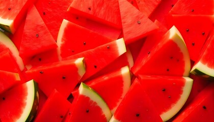 Close-up, overhead shot of multiple watermelon slices arranged in a dense, overlapping pattern.