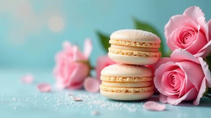Sweet Delights Pastel Macarons and Delicate Pink Roses on a Soft Blue Background