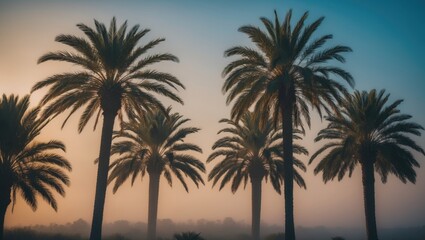 silhouetted palm trees during twilight against a backdrop of a golden-blue Mediterranean sky