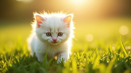 A lovely white kitten strolls through the sunlit grass.
