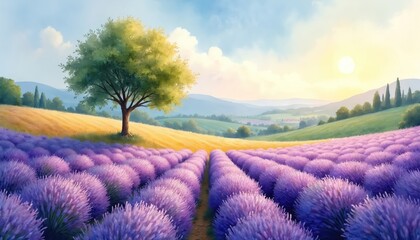 Watercolor painting of lavender field on hills at summer. Purple flowers under sunlight in rural countryside landscape. Farm with blossom violet lavender plants nature scenery.