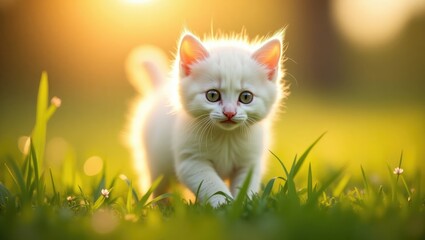 A lovely white kitten strolls through the sunlit grass.