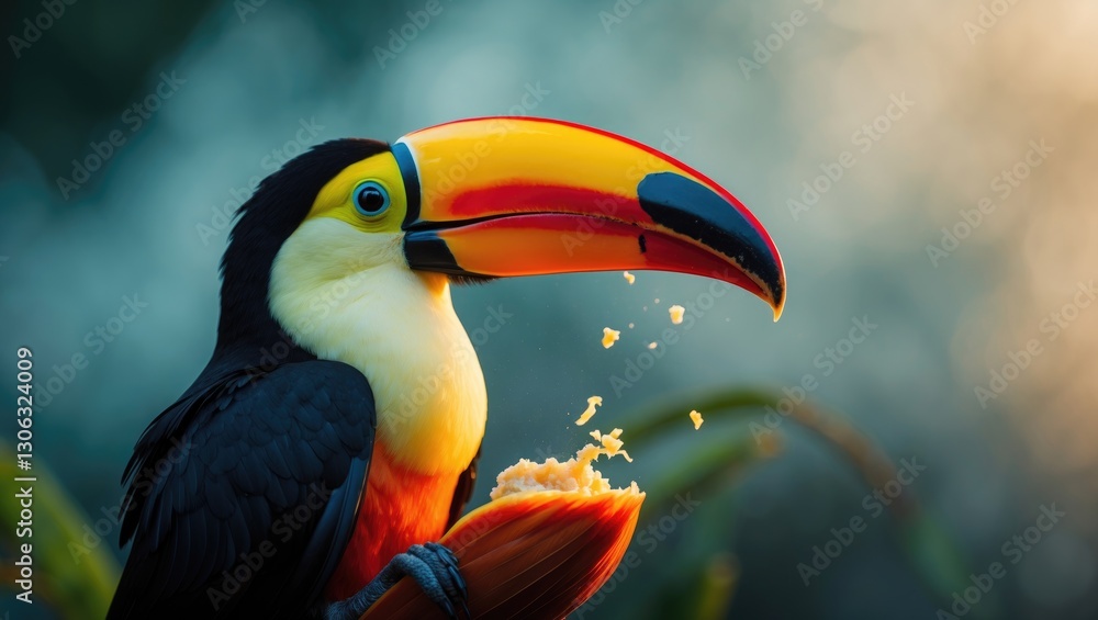 Aufkleber a stunning image of a large toucan bird enjoying a meal with a softly blurred backdrop.
