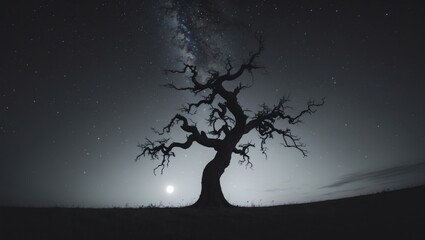 the silhouette of a tree under a star-filled sky