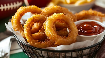 Crispy golden onion rings in a basket with ketchup and fries.