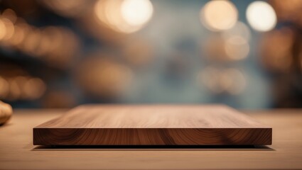 Brown wooden surface with a blurred background, showcasing an empty table view. Ideal for product displays or presentations in a retail setting, this mockup provides a perspective for showcasing me...