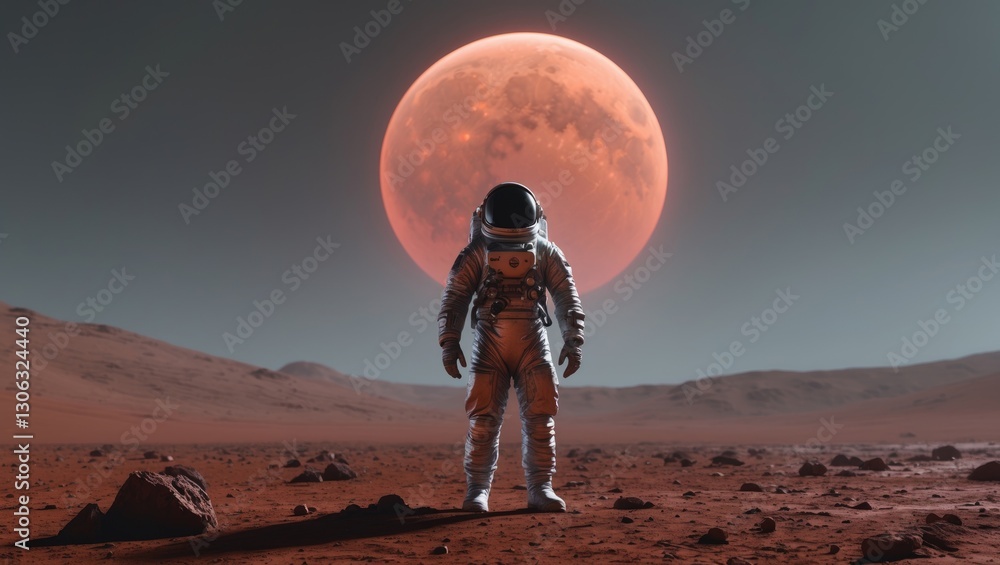Poster an astronaut stands on the surface of mars, gazing at the planet against a backdrop of a large moon.