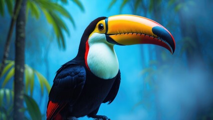 Fototapeta premium Vivid image of a toucan with a large beak set against a blue backdrop