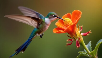Fototapeta premium Long-tailed Sylph Hummingbird with vibrant blue tail sipping nectar from a bright orange blossom.