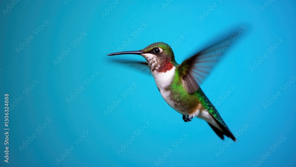 Poster detailed close-up of a hummingbird. a male ruby-throated hummingbird in flight against a blue backdr