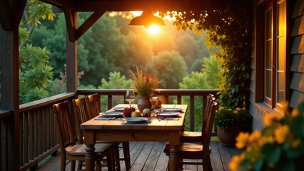 Rustic outdoor dining setting bathed in warm sunset light, featuring a wooden table set for a meal with fruit and flowers, overlooking a tranquil wooded landscape from a covered porch