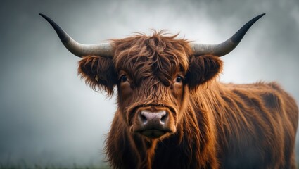 Portrait of a Highland cattle with a light background