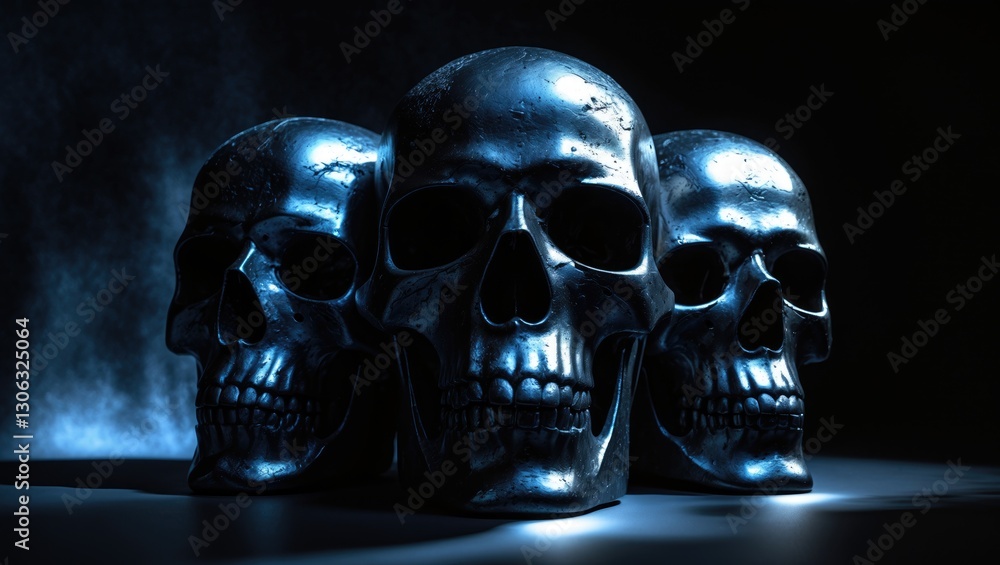 Poster artistic rendering of a sculpture featuring three interconnected shiny black metallic skulls set aga